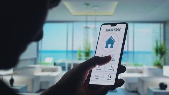 在智能手机上的智能家居应用程序上关闭家居安全家居自动化和智能家居技术的移动应用-温度调节