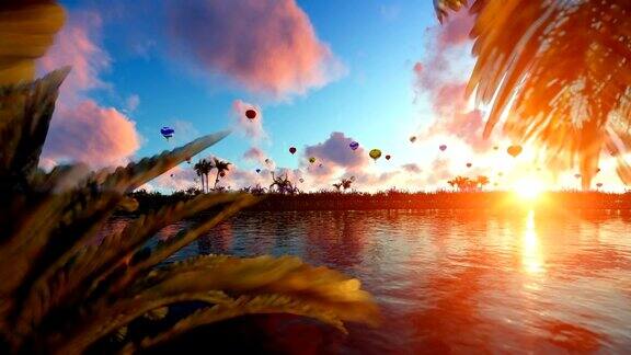 彩色的热气球在日落湖倒影淘金