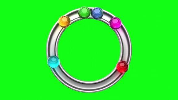 完美的无缝循环不锈钢圈与运动的彩色玻璃球隔离在绿色色度键背景3d渲染
