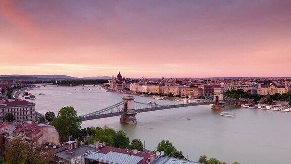 从上面看日落时的布达佩斯城