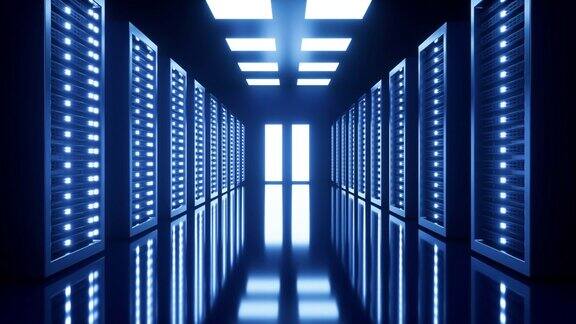 蓝色服务器室大数据和互联网通信技术3d渲染