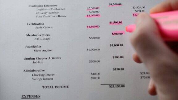 审计员检查财务报表并用粉红色的记号笔标出数据