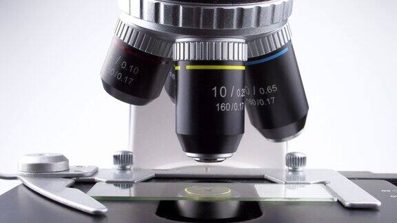 4k镜头30帧秒在通用的科学显微镜镜头旋转的研究实验室概念生物和化学教育科学设备和医学发现