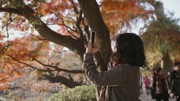 一位亚洲妇女正站在公园里用手机拍全景照