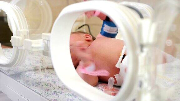 新生儿学概念新生儿由医生和护士护理小身体上的医疗设备医院的产房四千美元