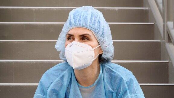 成熟、忧郁、疲惫的女性医护人员戴着n95防护面罩看着镜头