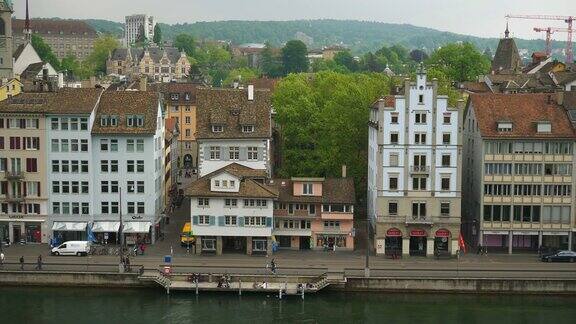苏黎世著名的城市景观滨海湾屋顶慢镜头全景4k瑞士