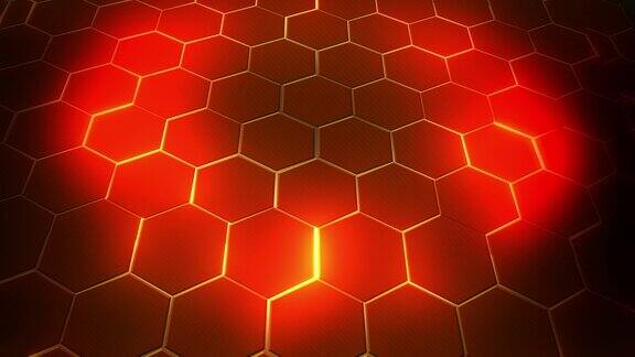 未来的表面概念与发光的橙色熔岩六边形径向闪烁技术抽象背景无缝循环