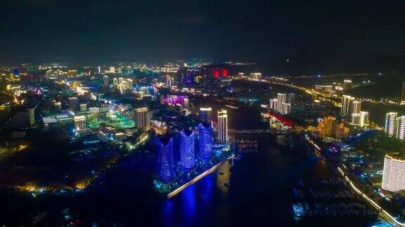 夜光三亚河交通航拍全景图时间跨度为4k中国