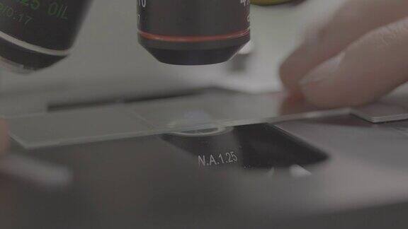 科学家将玻璃样品放在显微镜上