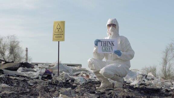 危险品生物学家穿上防护服在垃圾场显示绿色标志指示露天有辐射危险
