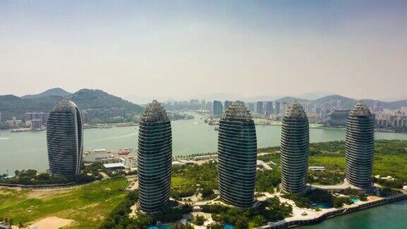 阳光明媚的一天三亚著名岛屿建筑航拍全景时间跨度为4k中国