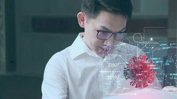 亚洲科学家用移动小工具虚拟病毒爆发疾病传播感染分析科学家显示器屏幕3D动画电脑用户界面健康科学技术的未来背景
