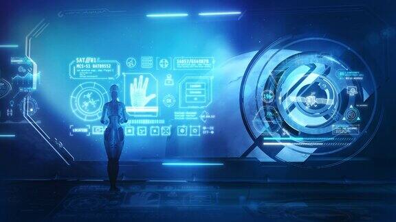 太空船里的安卓在一个虚拟面板前三维渲染