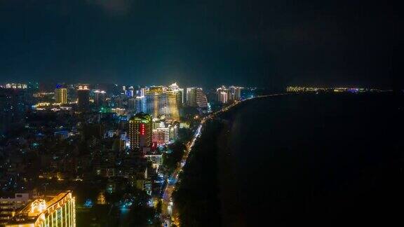 夜间时间照亮了著名的三亚湾航拍全景时间跨度为4k