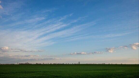 绿色的春天田野与蓝色的天空-时间流逝