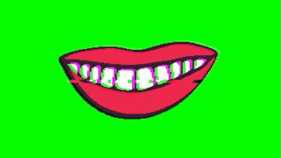 嘴微笑或嘴唇与绿色背景的故障效果Emoji运动图形