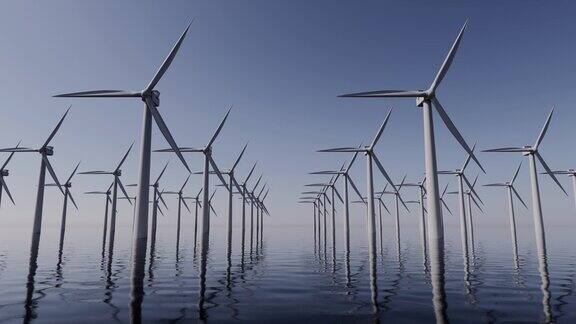 现代风力涡轮机农场在海洋3D动画循环