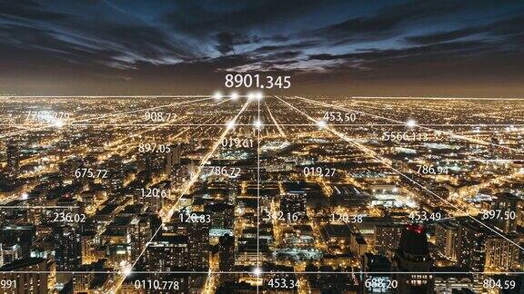 芝加哥城市和5G网络夜间概念