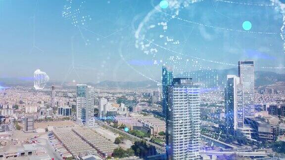 现代城市鸟瞰图和通信网络概念智能城市5克物联网