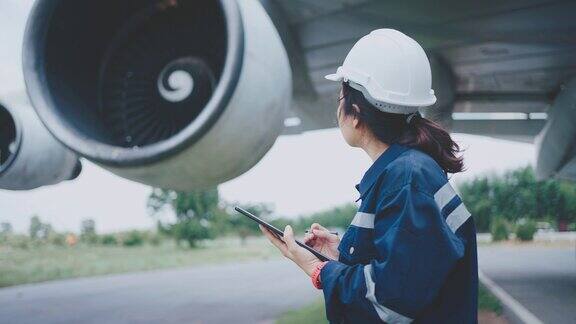 女飞机工程师使用数码平板电脑检查飞机