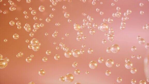 微距拍摄的各种粉红色的金色气泡在水上升在浅色背景