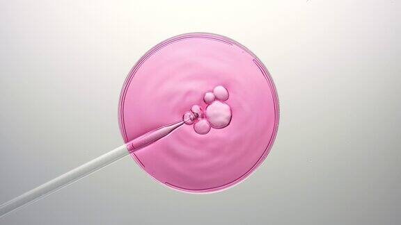 泡沫从滴管中出来漂浮在破裂的粉红色液体上