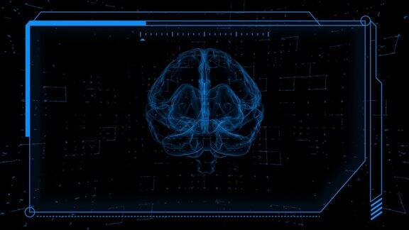 人体3d大脑x射线参数扫描监视器屏幕中间3d发光动画头骨头部旋转DNA图标分析背景4k保健心灵参数人体