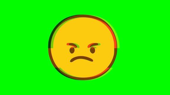 愤怒的脸表情符号故障效果的绿色背景Emoji运动图形