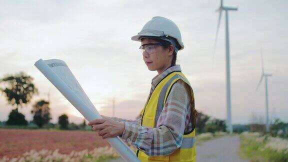 女工程师在风力涡轮机前工作