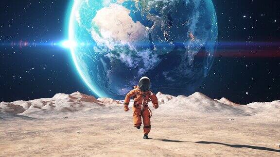 穿着宇航服的年轻宇航员自信地在外星星球上奔跑缓慢的运动