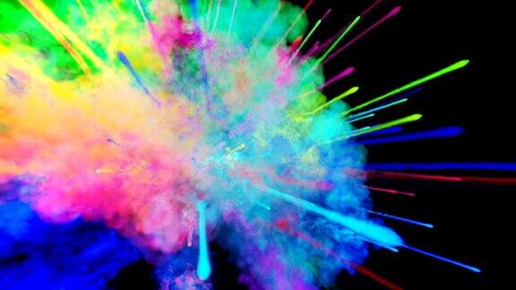 爆炸的火药孤立在黑色背景3d动画的粒子作为彩色的背景或覆盖效果迸发出彩虹般的色彩粉饼呈现出明亮如胡里节33