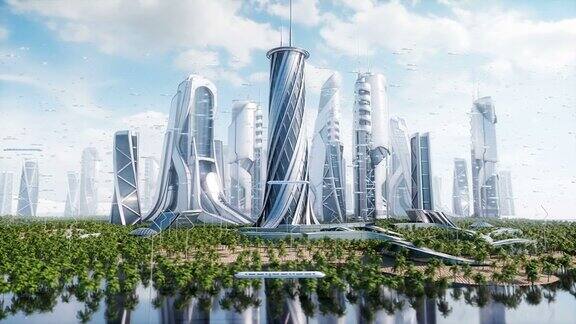 未来城市日科幻建筑和建筑未来逼真的4k动画