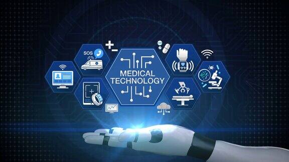 “医疗技术”和机器人手上的各种未来医疗矢量图标4k动画