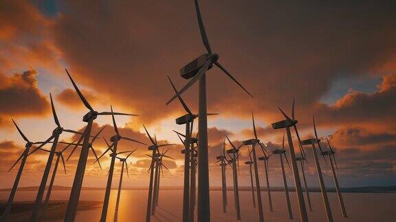 盐湖上的风力涡轮机绿色能源概念天空和云的延时视频日落