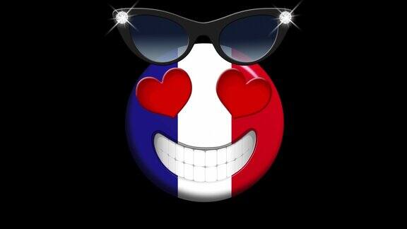 法国由Alpha通道(透明背景)隔离的法国国旗笑脸动画动画Emoji笑脸图标动画表情符号法国旅游