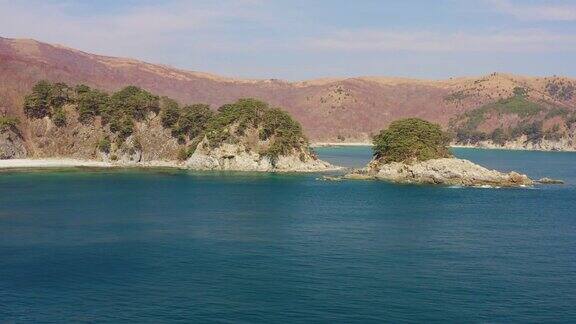被海浪冲刷的岩石岛被针叶树覆盖在海湾
