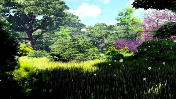 令人惊叹的花园与萤火虫在太阳的3d动画