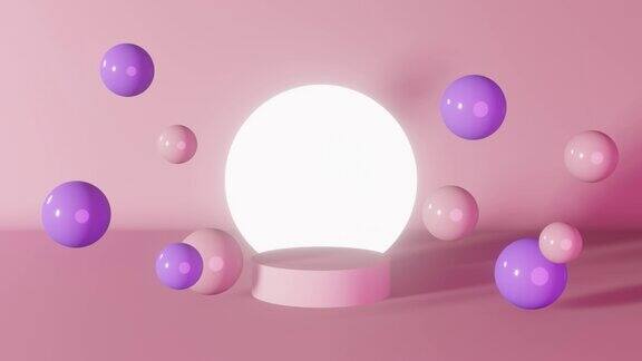 紫色粉色霓虹灯圆柱形讲台发光舞台飞行球体3d动画循环4K圆基座设计几何构成化妆品产品闪亮的展柜最小场景展示背景