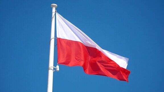 波兰国旗在桅杆上飘扬慢镜头180帧秒