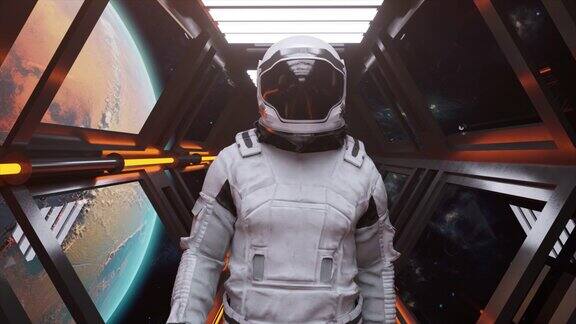 一名宇航员走过未来宇宙飞船的隧道背景是火星橙色霓虹灯