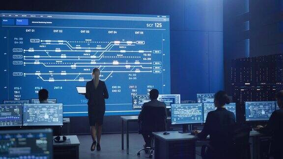 电信公司系统控制和监控室由多元文化的专业人员组成的计算机团队大屏幕显示显示基础设施信息图表和数据