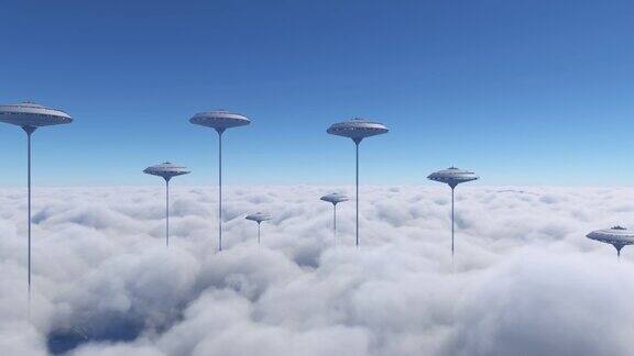 云端之上的未来之城的航拍一个科幻小镇的正面视图