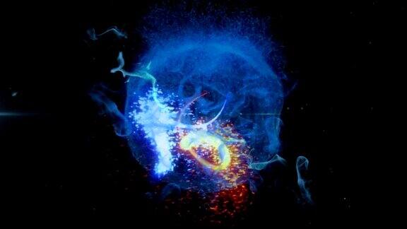 发光的彩色粒子和蓝色烟雾的动画