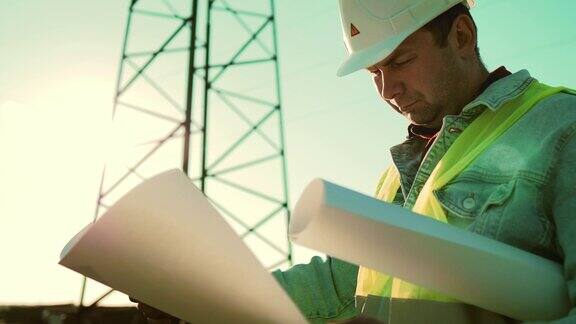 工人男性工程师站在高压电力塔前使用文件检查数据电力工程专家有电线杆附近工作的工作文件