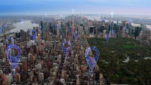 空中智慧城市连接未来城市的本地化图标技术理念、数据通信、人工智能、物联网纽约的