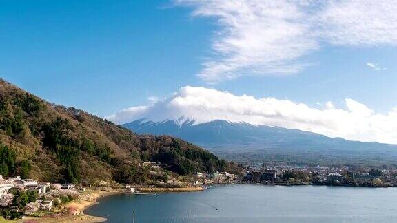 日本川口千子湖富士山云流的延时拍摄