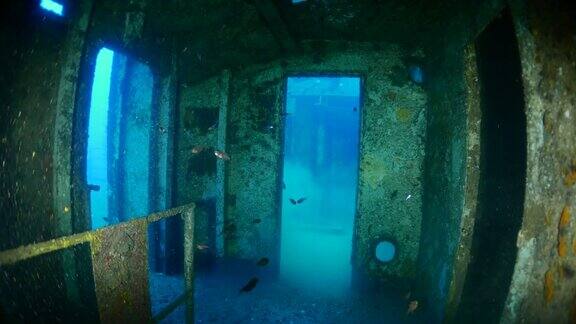 在海底沉船的船舱里游泳