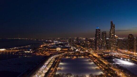 芝加哥冬季之夜鸟瞰图美国