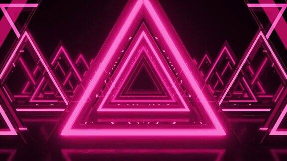 抽象背景粉色霓虹三角形三角未来太空隧道激光表演虚拟现实发光线隧道走廊霓虹灯三角门户前进3d动画循环4K